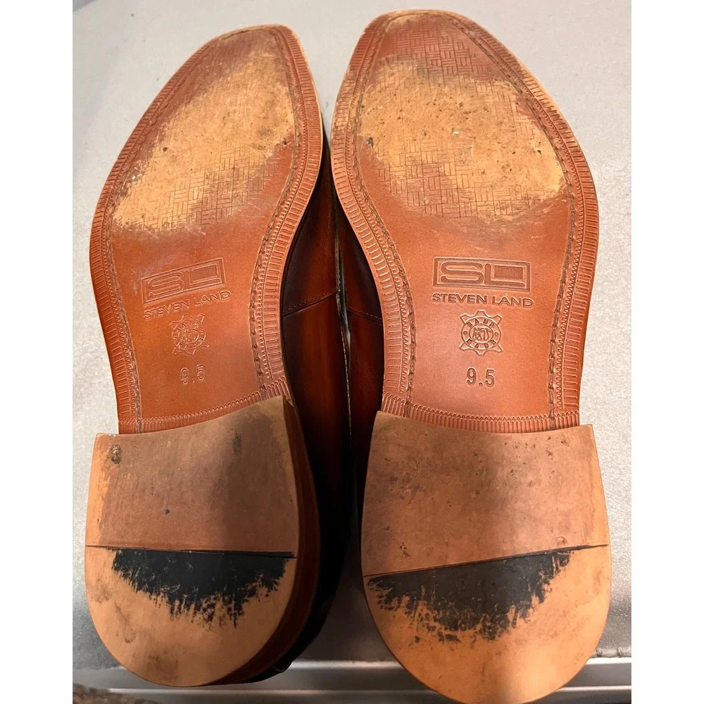 Steven Land Mens Burnished Tan Leather Laser Cut Filigree Loafers Sz 9.5 M Brown